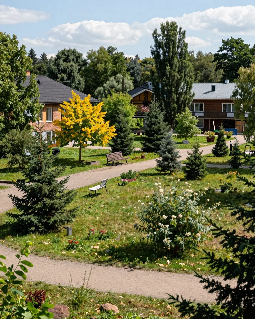 Redakcinė fotografija: prižiūrimas bendras takas sodų bendrijoje, švelni debesuota dienos šviesa, žalia augmenija, santū